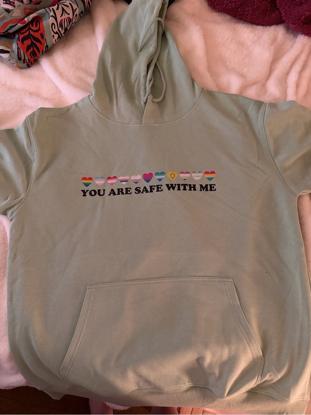 Mint Green 'You Are Safe With Me' Heart Hoodie (says 3XL - seems inaccurate )